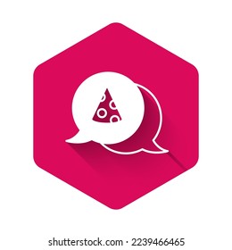 White Slice of pizza icon isolated with long shadow background. Fast food menu. Pink hexagon button. Vector