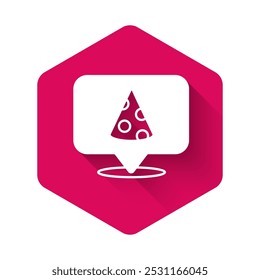 Rebanada blanca del icono de la pizza aislado con fondo largo de la sombra. Comida rápida. Botón hexagonal rosa. Vector