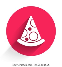 White Slice of pizza icon isolated with long shadow. Fast food menu. Red circle button. Vector