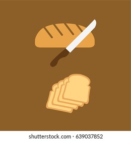 white sliced bread cartoon with knife & whole Loaf of bread icon vector isolated. food for breakfast on flat design style brown background.