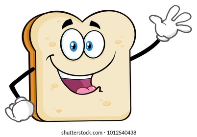 White Sliced Bread Cartoon Mascot Character Waving For Greeting. Vector Illustration Isolated On White Background