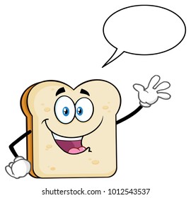 White Sliced Bread Cartoon Mascot Character Waving For Greeting With Speech Bubble. Vector Illustration Isolated On White Background