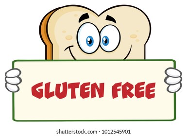 White Sliced Bread Cartoon Mascot Character Holding A Sign. Vector Illustration With Text Gluten Free Isolated On White Background