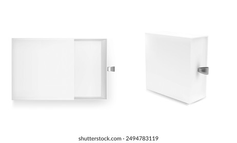 White slide box mockup. Cardboard drawer gift package design set. 3d open and close paper matchbox for retail presentation. Realistic pull or sliding packaging illustration. Top view jewelry case