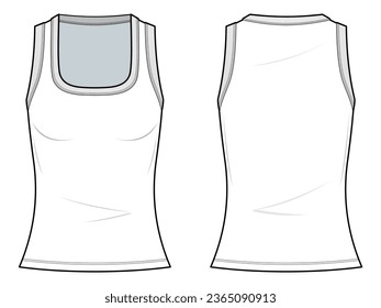white slim fit square neck sleeveless Knitted Top flat technical fashion illustration. Fitted  sleeveless tee fashion flat technical drawing template, front view, back view, white, women, CAD mockup