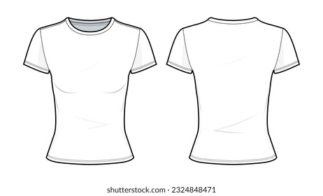 ilustración de moda técnica plana de camiseta con forma delgada blanca. Moda de la camiseta plana de dibujo técnico, vista frontal, retrovista, color blanco, mujeres, maquillaje CAD