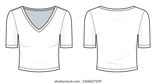 white slim fit v-neck shirt flat technical fashion illustration. Fitted v-neck tee shirt fashion flat technical drawing template, front view, back view, white color, women, CAD mockup set.