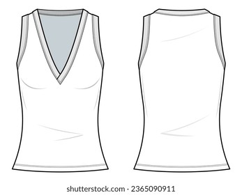 white slim fit V-neck Sleeveless Knitted Top flat technical fashion illustration. Fitted  sleeveless tee fashion flat technical drawing template, front view, back view, white color, women, CAD mockup