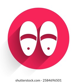 White Slippers icon isolated with long shadow. Flip flops sign. Red circle button. Vector