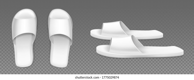 White slippers top and side view. Flip flops for home, spa salon or hotel isolated on transparent background. Bathroom or beach rubber shoes mockup, blank footwear, Realistic 3d vector illustration