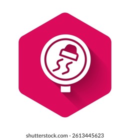 White Slippery road traffic warning icon isolated with long shadow background. Traffic rules and safe driving. Pink hexagon button. Vector