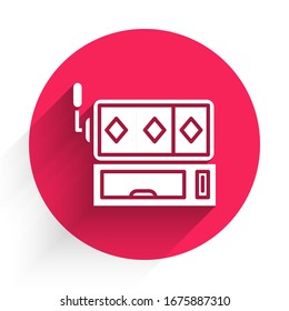 Icono de máquina tragaperras blancas aislado con una sombra larga. Botón de círculo rojo.  Ilustración vectorial