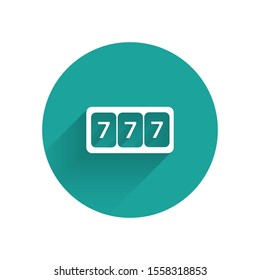 White Slot machine with lucky sevens jackpot icon isolated with long shadow. Green circle button. Vector Illustration
