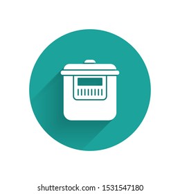 White Slow cooker icon isolated with long shadow. Electric pan. Green circle button. Vector Illustration