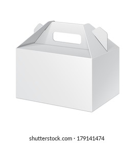 White Small Cardboard Carry Box Packaging For Food, Gift Or Other Products. On White Background Isolated. Ready For Your Design. Product Packing Vector EPS10 