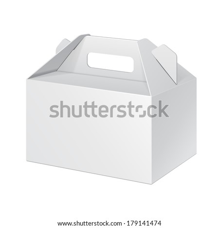 White Small Cardboard Carry Box Packaging For Food, Gift Or Other Products. On White Background Isolated. Ready For Your Design. Product Packing Vector EPS10 