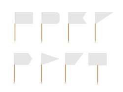 White small flags on toothpicks set vector illustration. 3D realistic blank flags of different shapes on wooden sticks, empty round triangular rectangle mini decorative pennants for food collection.