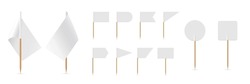 White small flags on toothpicks set vector illustration. 3D realistic blank flags of different shapes on wooden sticks, empty round triangular rectangle mini decorative pennants for food collection.