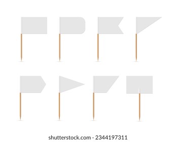 Las pequeñas banderas blancas en los palillos de dientes establecen la ilustración vectorial. Banderas en blanco realistas en 3D de diferentes formas sobre palos de madera, mini rectángulos triangulares redondos vacíos para la recolección de alimentos.