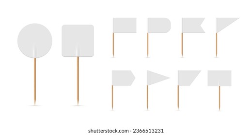 White small flags on toothpicks set vector illustration. 3D realistic blank flags of different shapes on wooden sticks, empty round triangular rectangle mini decorative pennants for food collection