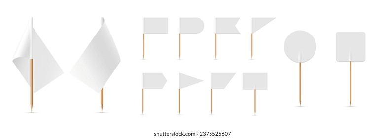 White small flags on toothpicks set vector illustration. 3D realistic blank flags of different shapes on wooden sticks, empty round triangular rectangle mini decorative pennants for food collection. svg