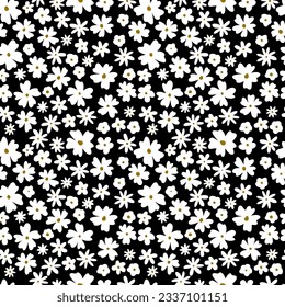Pequeñas flores blancas con hojas sobre un fondo negro. Patrón transparente