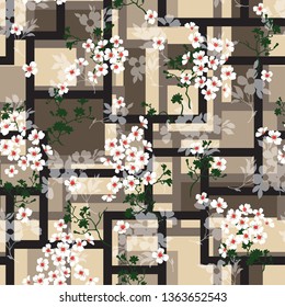 white small flowers pattern on checks stripe background