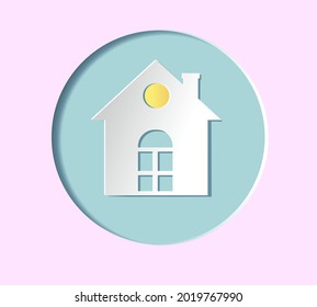 White small house with a yellow window  in a blue pastel round frame on a pale pink background. Paper cutting and crafting style. Vector illustration.
