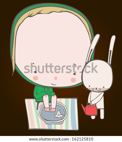 White small rabbit is holding a red kettle from which he pours warm water into a basin in which his sick friend warm feet.