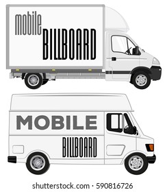 White Small truck and Van, side view. Cargo delivery. Solid and Flat color design for Corporate identity.