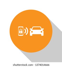 White Smart car alarm system icon isolated on white background. The smartphone controls the car security on the wireless. Orange circle button. Vector Illustration