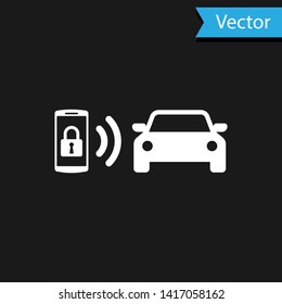 White Smart car alarm system icon isolated on black background. The smartphone controls the car security on the wireless. Vector Illustration