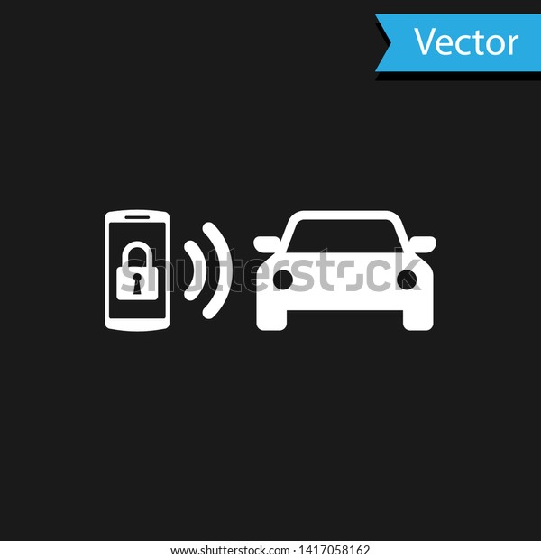 White Smart car alarm system icon isolated\
on black background. The smartphone controls the car security on\
the wireless. Vector\
Illustration