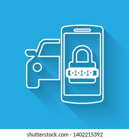 White Smart car security system line icon isolated with long shadow. The smartphone controls the car security on the wireless. Vector Illustration