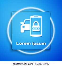 White Smart car security system icon isolated on blue background. The smartphone controls the car security on the wireless. Blue square button. Vector Illustration