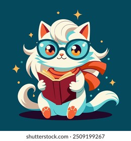 white smart cat with glasses reading a book