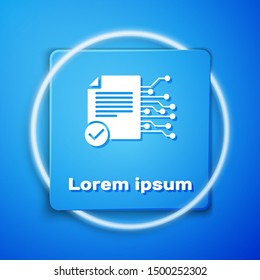 White Smart contract icon isolated on blue background. Blockchain technology, cryptocurrency mining, bitcoin, altcoins, digital money market. Blue square button. Vector Illustration