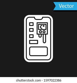 White Smart control farming system mobile application icon isolated on black background.  Vector Illustration