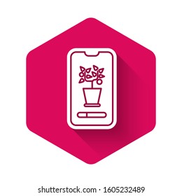 White Smart control farming system mobile application icon isolated with long shadow. Pink hexagon button. Vector Illustration