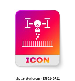 White Smart farm with drone control for seed planting icon isolated on white background. Innovation technology for agricultural company. Rectangle color button. Vector Illustration