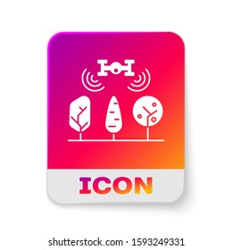 White Smart farm with drone control and tree icon isolated on white background. Innovation technology for agricultural company. Rectangle color button. Vector Illustration