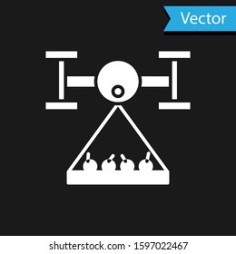 White Smart farm with drone control collects harvest icon isolated on black background. Innovation technology for agricultural company.  Vector Illustration