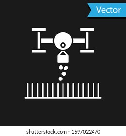White Smart farm with drone control for seed planting icon isolated on black background. Innovation technology for agricultural company.  Vector Illustration