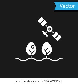 White Smart farm with drone control and tree icon isolated on black background. Innovation technology for agricultural company.  Vector Illustration