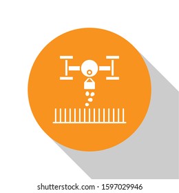 White Smart farm with drone control for seed planting icon isolated on white background. Innovation technology for agricultural company. Orange circle button. Vector Illustration