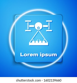 White Smart farm with drone control collects harvest icon isolated on blue background. Innovation technology for agricultural company. Blue square button. Vector Illustration