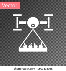 White Smart farm with drone control collects harvest icon isolated on transparent background. Innovation technology for agricultural company.  Vector Illustration