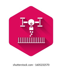 White Smart farm with drone control for seed planting icon isolated with long shadow. Innovation technology for agricultural company. Pink hexagon button. Vector Illustration