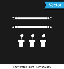 White Smart farm with light bulb and plant symbol icon isolated on black background.  Vector Illustration