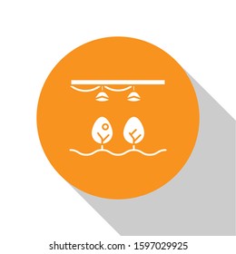 White Smart farm with light bulb and plant symbol icon isolated on white background. Orange circle button. Vector Illustration